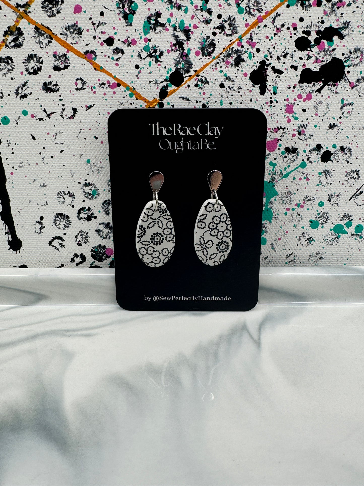 "Black and White Daisies 2" Handmade Polymer Clay Earrings